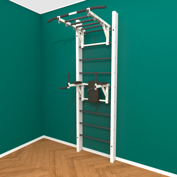 Брашированная шведская стенка "Кастерли" Белый РБ (Черные ступени)