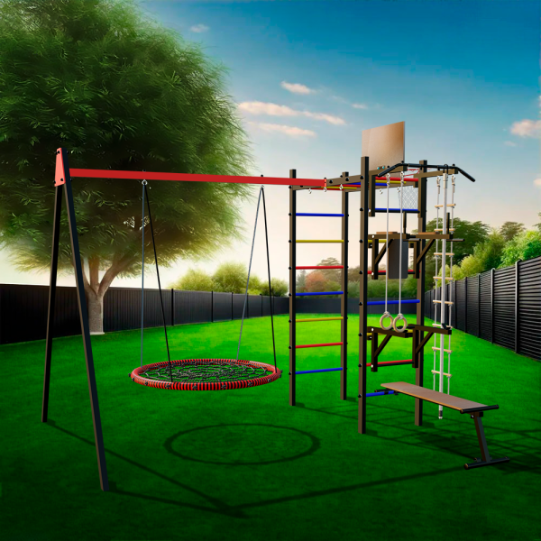 картинка Уличный спортивно-игровой комплекс Sv Sport У3083.1КВ1 (Турник/Брусья/Стойка/Скамья/Гнездо 100см/Подвесы на втулке/Щит баскет/Канат/Кольца/Лестница) от магазина Лазалка